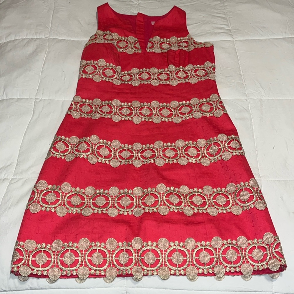 Lilly Pulitzer pink dress with anchors and gold accents  linen blend size 2